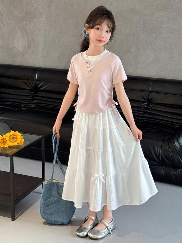 スカートセット 女の子 キッズ ジュニア 春夏 韓国 フェイクツーピース 重ね着風 半袖 ティアードスカ..