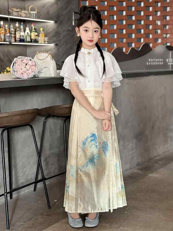 漢服 女の子 ジュニア 明代風 中国風 山水画柄 馬面スカート 半袖 セットアップ ツーピース 薄手 綿混 ..