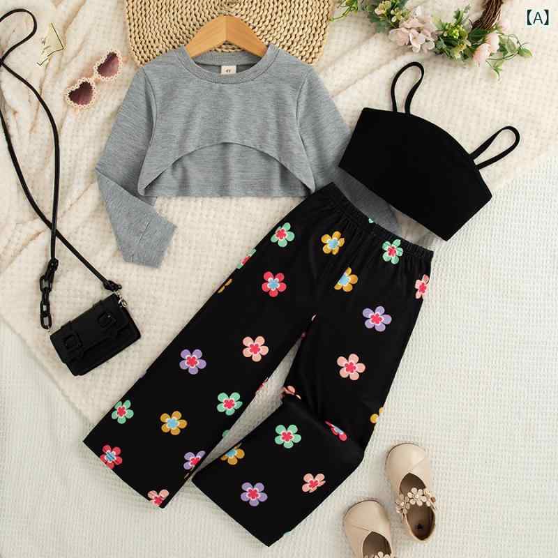 キッズ ガールズ スウェット セットアップ 三点セット 3ピース 上下セット 長袖 プルオーバー パンツ カジュアル 春秋 ポリエステル混 柔らかい かわいい 普段使い