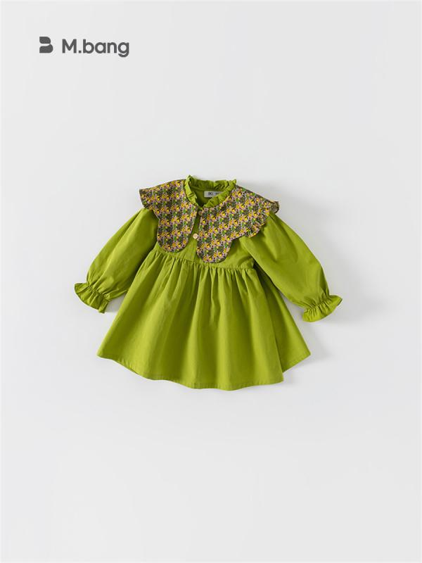 ワンピース 女の子 春秋 韓流 アボカドグリーン 小花柄 ビッグカラー 長袖 コットン 柔らか素材 かわい..