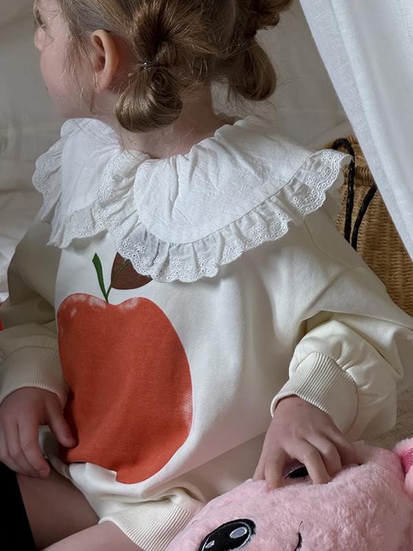 トレーナー 女の子 キッズ ガールズ スウェット リンゴ柄 キャラクタープリント フリル襟 ピーターパンカラー 長袖 韓国 綿 コットン プルオーバー 春秋