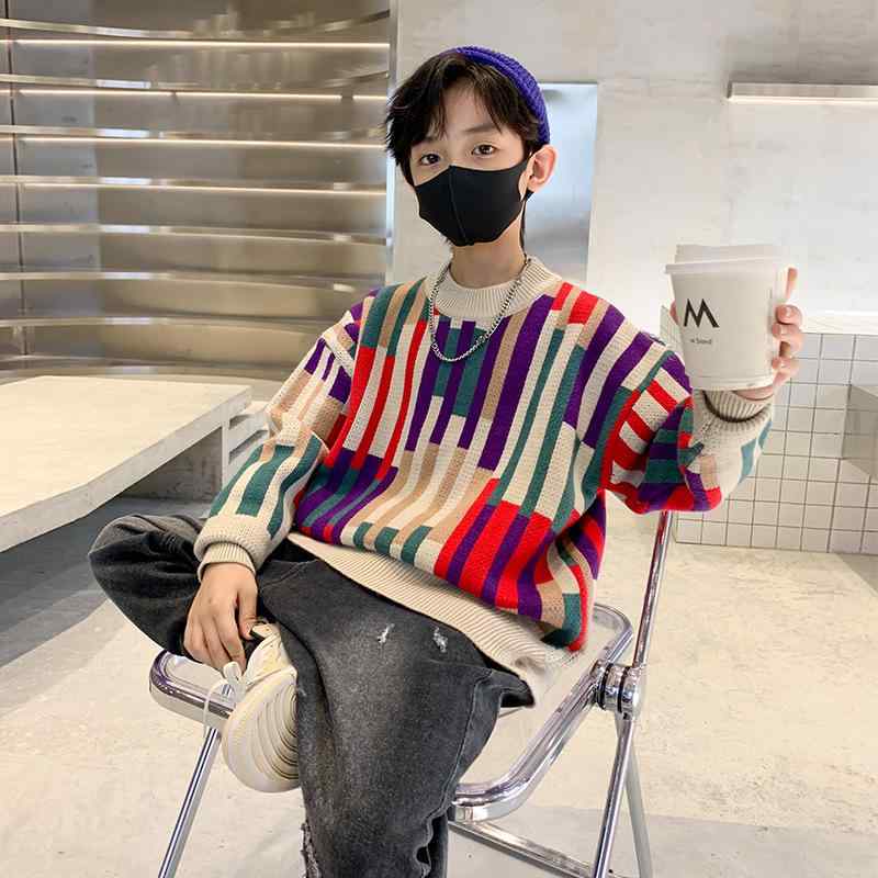 キッズ 男の子 秋冬 ニット セーター プルオーバー 長袖 小学生 ジュニア ストライプ ボーダー コット..
