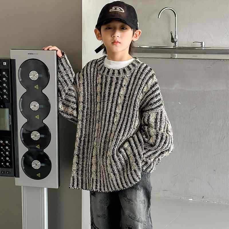 ニット 男の子 ボーイズ ジュニア ストライプ柄 セーター プルオーバー 秋冬 保温 防寒 暖かい 綿 コットン クルーネック 丸首 カジュアル おしゃれ