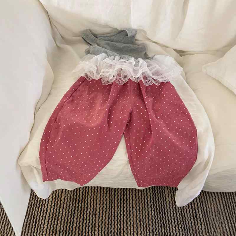 パンツ 女の子 ピンク ドット柄 水玉 9分丈 アンクル丈 バルーンパンツ テーパードパンツ ソフト コットン 綿 ハイウエスト 韓国 普段使い お出かけ 春夏