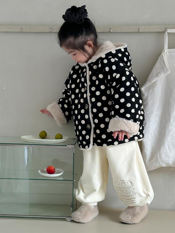キッズ 男の子 女の子 中綿コート 冬 フード付き ドット柄 黒白 裏起毛 厚手 コットン 長袖 かわいい 韓国 アウター 普段使い 防寒 暖か ソフトタッチ