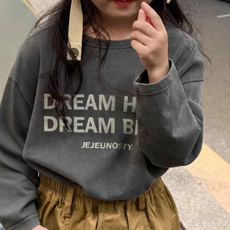 Tシャツ キッズ 男の子 女の子 子供服 ウォッシュ加工 グレー アルファベット柄 長袖 クルーネック 柔らか 綿混 普段使い カジュアル 春秋