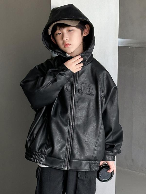 ジャケット キッズ 男の子 ジュニア PUレザー フェイクレザー フード付き 厚手 防寒 保温 カジュアル 韓国 トレンド 秋冬 ブラック 無地 アウター 普段使い 通学