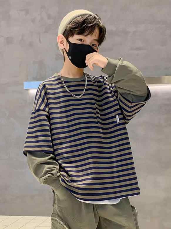 スウェット 男の子 キッズ 重ね着風 長袖Tシャツ ボーダー フェイクレイヤード 韓国 トレンド 綿 コッ..