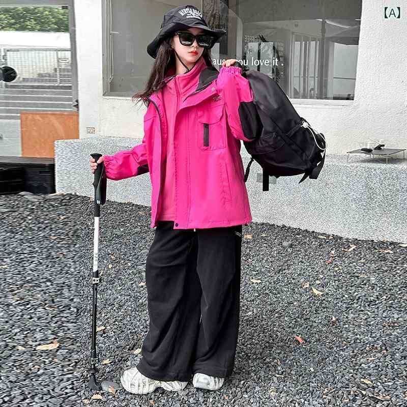 マウンテンパーカー 女の子 キッズ ジュニア 秋冬 3in1 スリーインワン 厚手 防寒 撥水 防風 フード付き ジップアップ アウトドア カジュアル 通学 ワークスタイル おしゃれ 韓国 ポリエステル