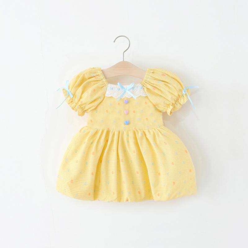 ワンピース 女の子 ベビー キッズ ガールズ 春夏 チェック柄 パフスリーブ 半袖 Aライン 綿 コットン かわいい おしゃれ 韓国 フレア ドレス お出かけ 普段着 イエロー