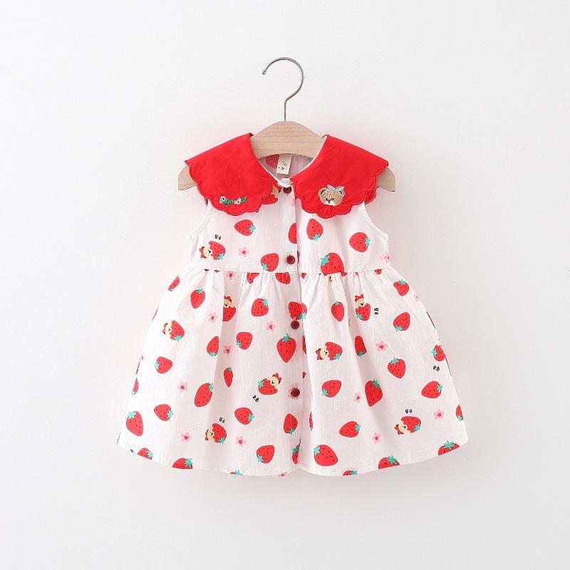 ワンピース ドレス キッズ 女の子 ベビー 幼児 赤ちゃん ノースリーブ 袖なし いちご クマ キャラクター ドールカラー 襟 綿 コットン Aライン 赤 レッド かわいい スウィート 夏物 普段使い お出かけ 通園 安心素材