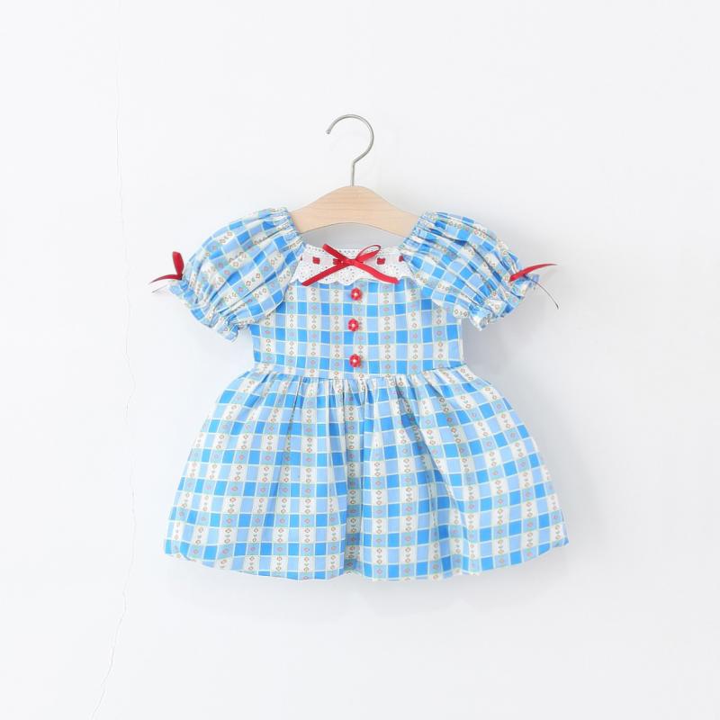 ワンピース 女の子 ベビー キッズ トレンド 綿 コットン レース フリル 格子柄 チェック パフスリーブ プリンセス Aライン 春夏 かわいい おしゃれ ブルー お出かけ 普段使い