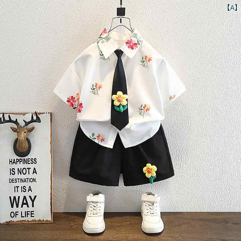 シャツ 男の子 キッズ 半袖 ネクタイ トップス ショートパンツ セットアップ かっこいい おしゃれ クー..