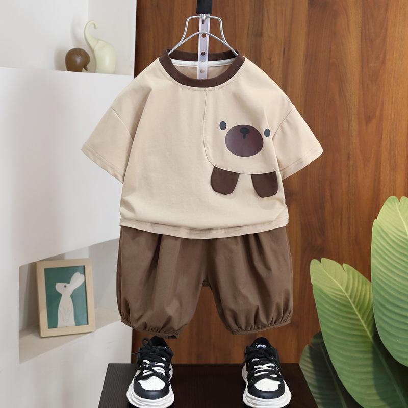 キッズ 男の子 ボーイズ クマ柄 半袖Tシャツ ショートパンツ セットアップ 綿素材 春夏 薄手 柔らか肌触り 普段着 お出かけ カジュアル 韓国 2点セット ツーピース ホワイト ブラウン系