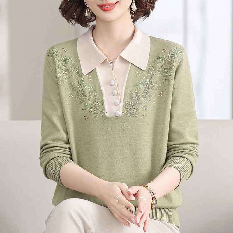 ニット ミセス レディース ポロ襟 長袖 プルオーバー ゆったり 上品 エレガント ラインストーン 無地 通勤 オフィス 普段使い 春秋冬