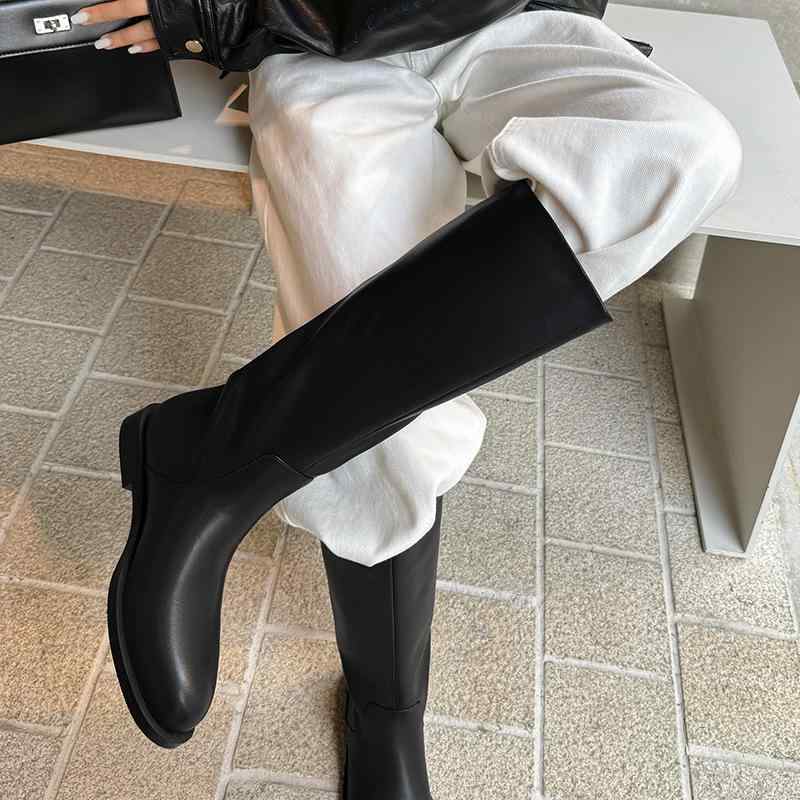 ブーツ レディース 女性用 レトロ 高級感 本革 牛革 フラットヒール ラウンドトゥ 欧米風 ロング 騎士 ..