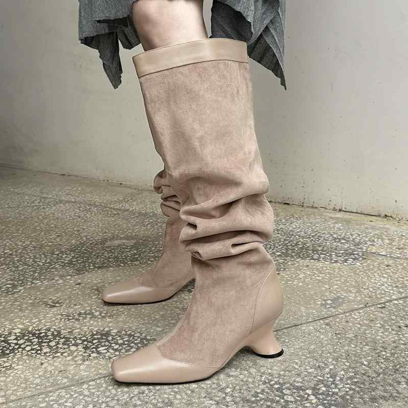 ニーハイブーツ レディース 牛革 スエード調 ルーズフィット 2WAY スクエアトゥ チャンキーヒール ハイ..