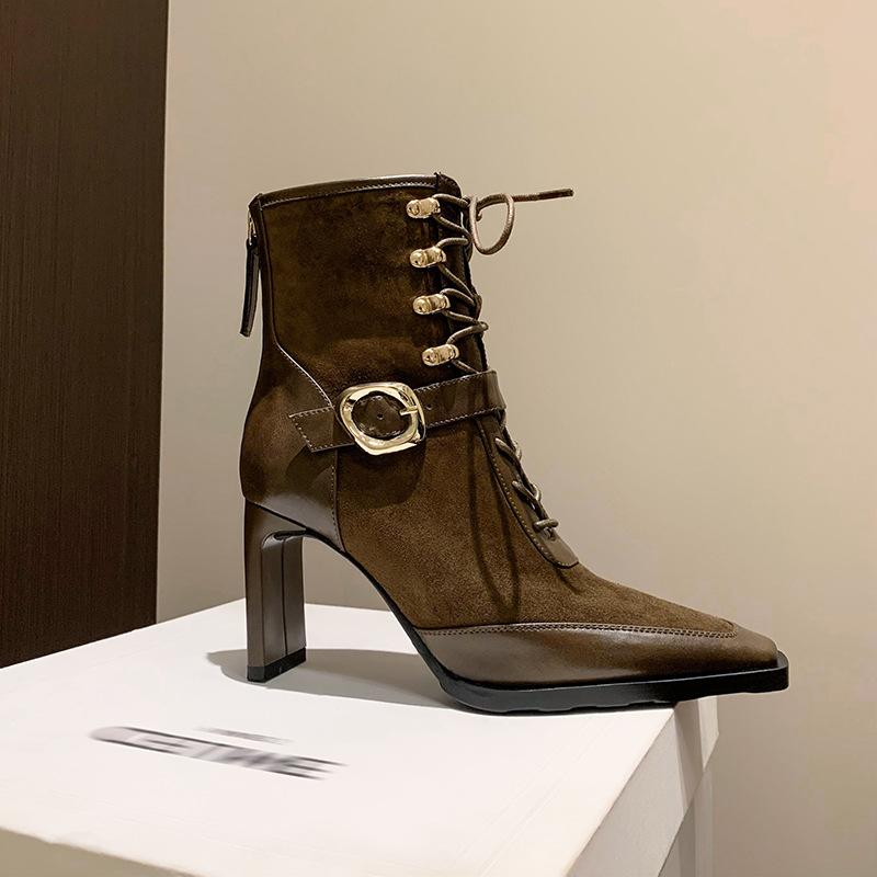 ショートブーツ レディース 小柄さん向け 太ヒール チャンキーヒール 高ヒール 厚底 秋冬 ポインテッド..