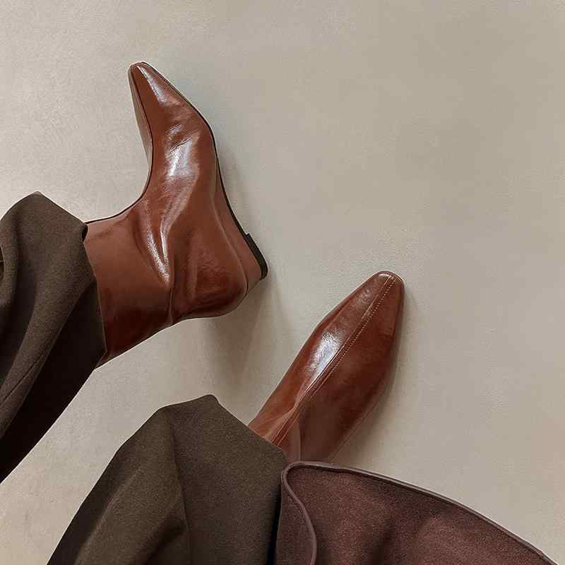 ショートブーツ レディース 総本革 牛革 レザー スクエアトゥ ウェッジソール ミドルヒール レトロ 欧..