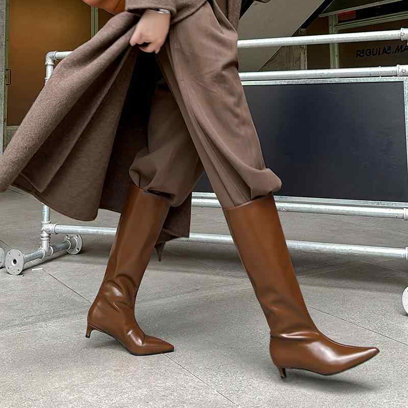 ブーツ レディース ロングブーツ ミドルブーツ ポインテッドトゥ キトゥンヒール 細ヒール 牛革 秋冬 ..