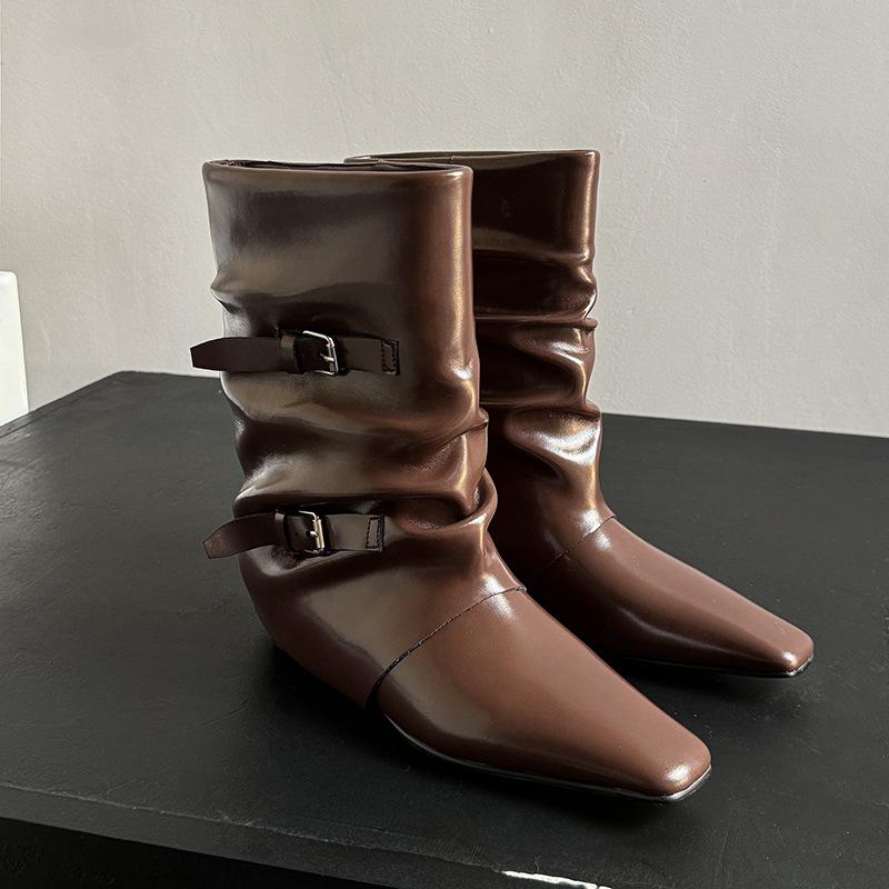 ブーツ レディース スクエアトゥ 太ヒール チャンキーヒール ドレープ くしゅくしゅ ミドル丈 ワイドシ..