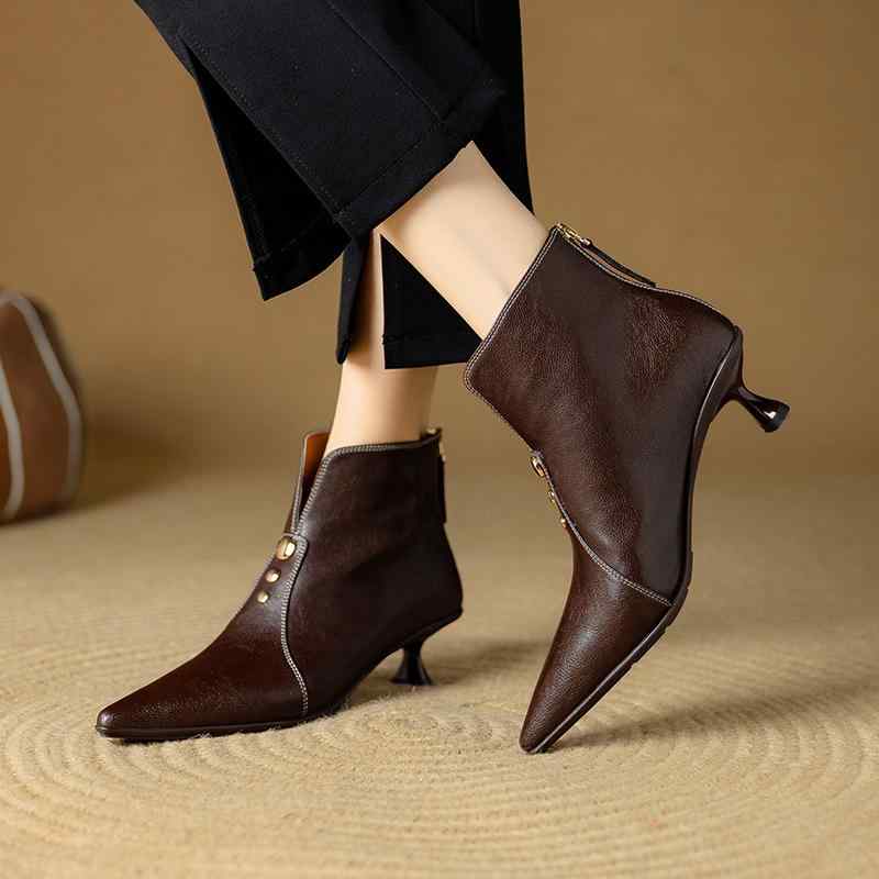 ショートブーツ レディース チャイナモダン レトロ 本革 牛革 ポインテッドトゥ 細ヒール エレガント ..