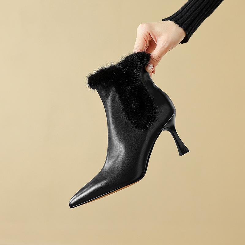 ブーツ レディース フレンチスタイル 欧米風 牛革 スエード レザー フェイクファー 裏起毛 ボア ポイン..