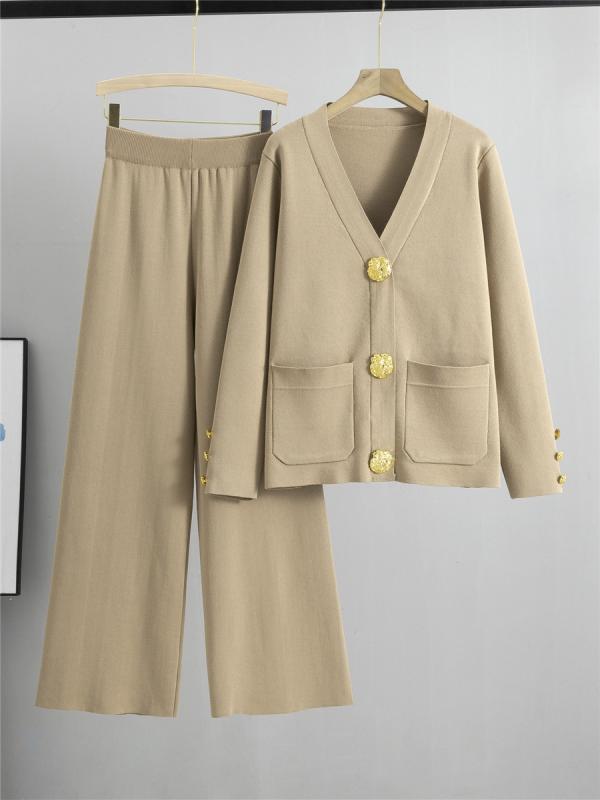 混紡ニット セットアップ レディース 秋冬 プルオーバー ビッグボタン ワイドパンツ 上下セット ゆったり リラックス 普段使い 通勤 オフィスカジュアル