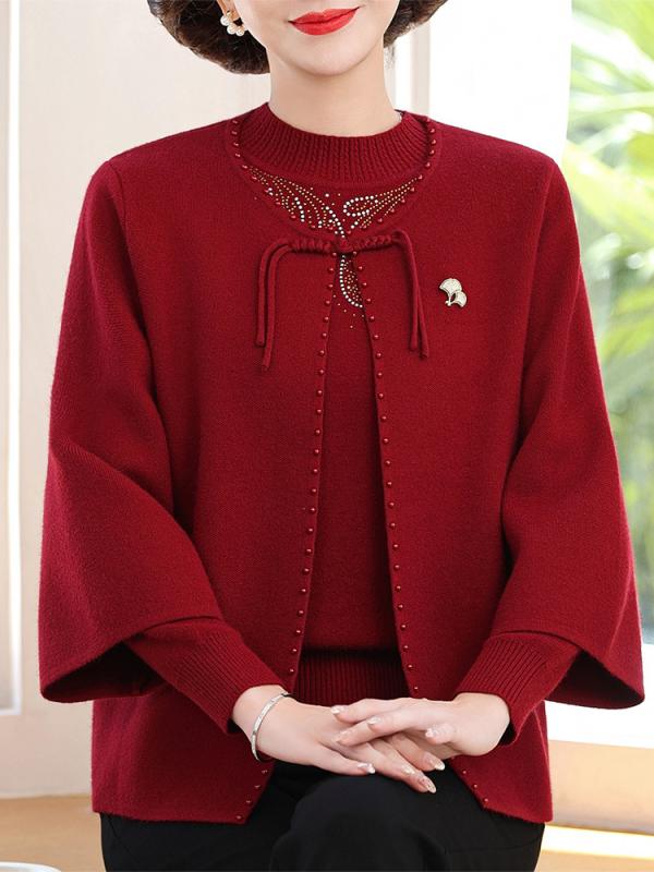 ニットアンサンブル ミセス 婦人 秋冬 カーディガン セーター セットアップ 結婚式 披露宴 フォーマル 礼服 上品 エレガント ゆったり クルーネック 七分袖 モダンチャイニーズ