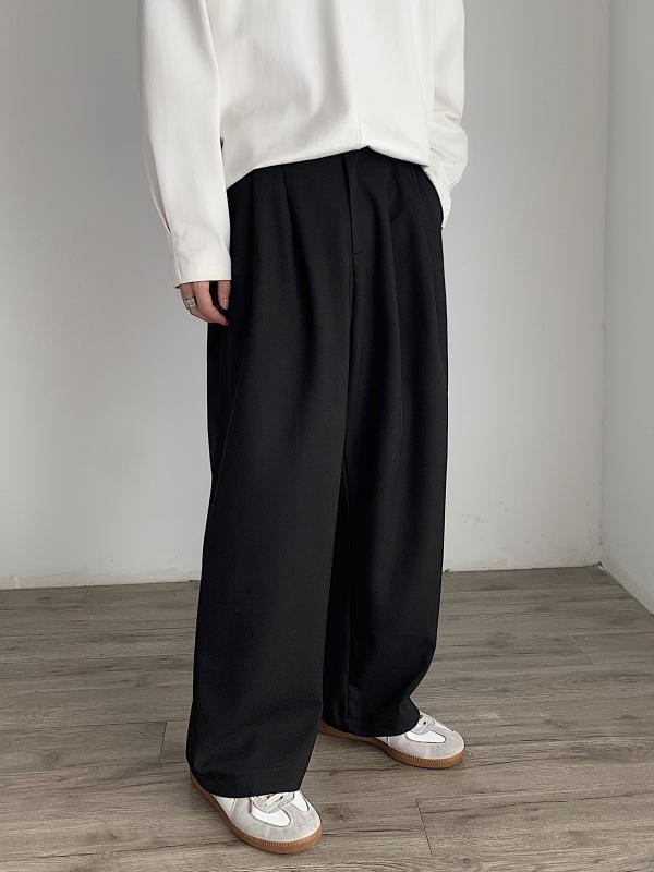 カジュアルパンツ メンズ レトロ ドレープ感 ツータック ワイドストレート スラックス ゆったり フルレングス ポリエステル混紡 普段使い ブラック グレー