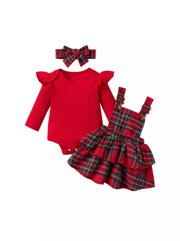 ベビー服 女の子 新生児 カバーオール サロペットスカート 2点 クリスマス サンクスギビング 長袖 チェック柄 無地 綿 カジュアル グリーン レッド 秋冬春