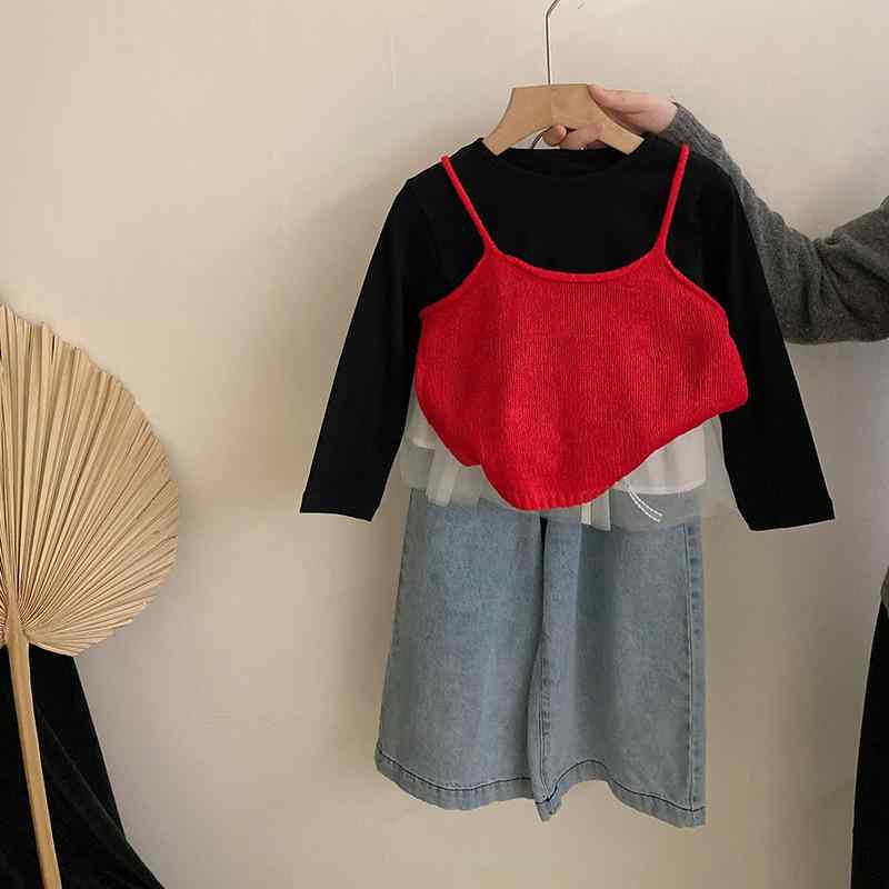 キッズ 女の子 セットアップ 春秋 長袖Tシャツ ニットキャミソール チュールスカート デニムパンツ ブ..