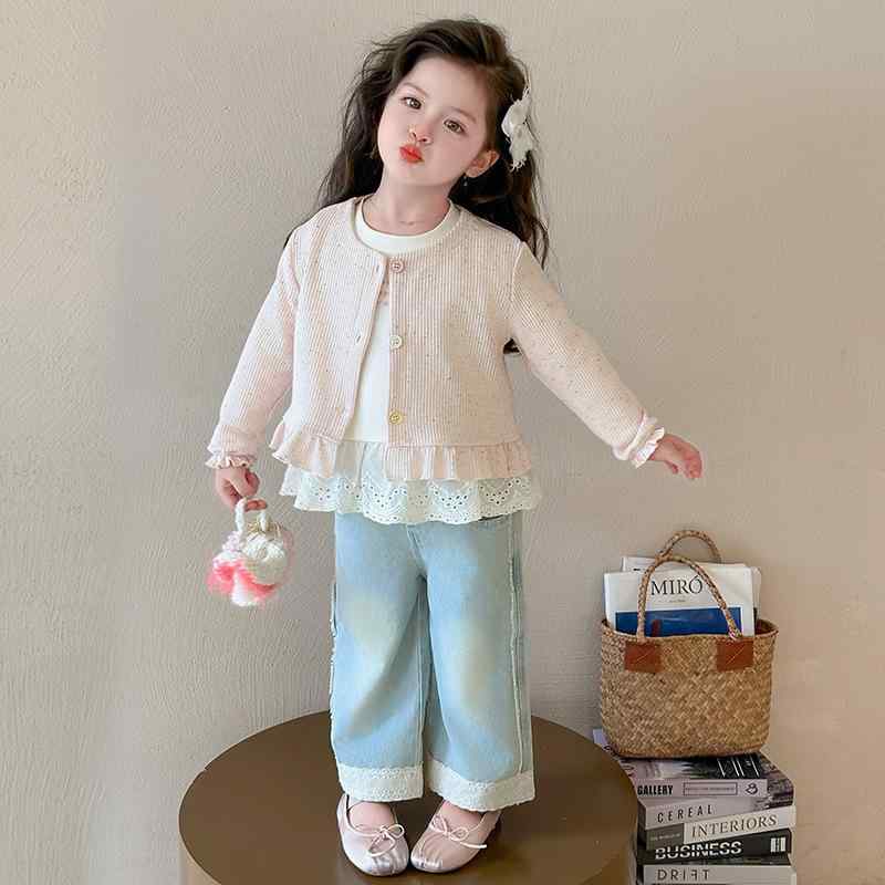 セットアップ 女の子 春秋 韓国ファッション フリル トップス 長袖 カーディガン デニムパンツ ジーンズ 綿混 柔らかい 上下セット 3点セット カジュアル 普段使い お出かけ