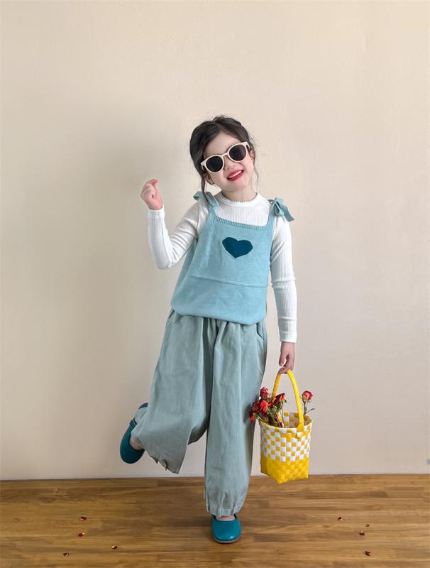 キッズ 女の子 セットアップ 春物 韓国 ハート柄 ニット キャミソール スカラップ トップス ブルー ワ..