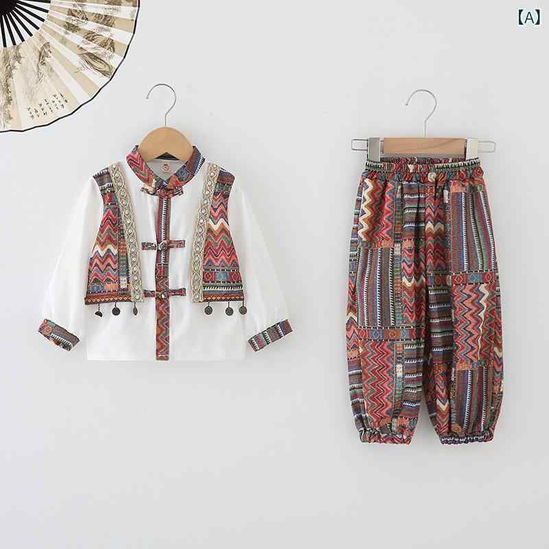 民族衣装 キッズ 男の子 女の子 タイ族服 綿 コットン 少数民族スタイル 発表会 舞台 上下セット 雲南 シーサンパンナ 旅行 イベント 中国風 唐装風 エスニック フォークロア 春秋