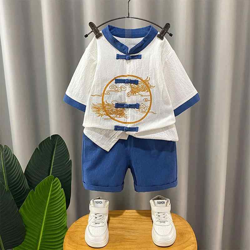 子供服 男の子 漢服 唐装 ベビー キッズ 上下セット 半袖 春夏 薄手 綿 コットン チャイナ風 中華風 お..