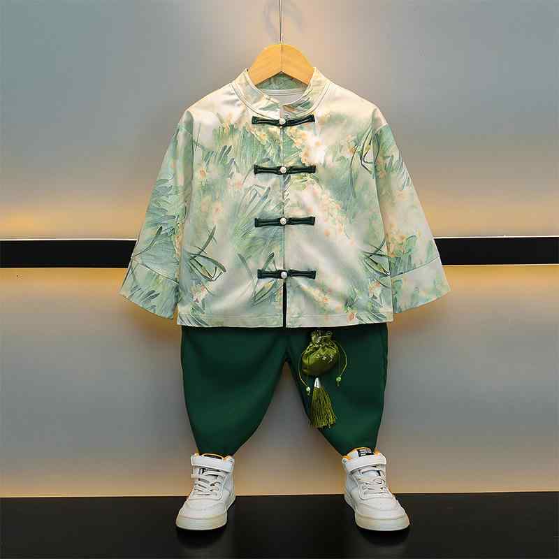漢服 男の子 キッズ 中国風 民族衣装 唐装 セットアップ 上下セット レトロ アンティーク風 動物柄 綿混 コットン 綿95% 柔らかい肌触り 普段使い イベント衣装 春秋 グリーン