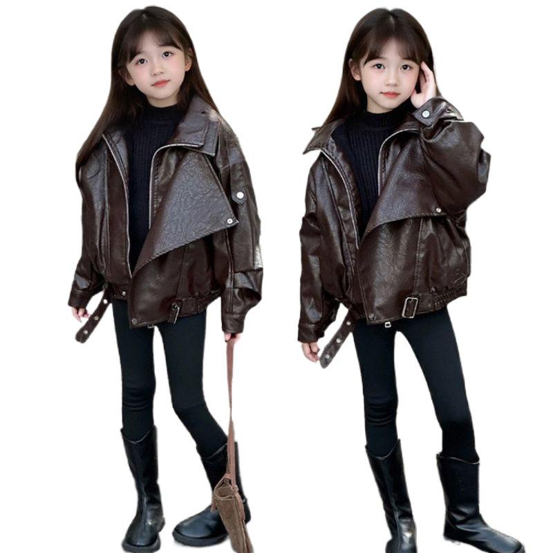ジャケット 女の子 ジュニア キッズ 春夏 PUレザー 韓国ファッション カジュアル レトロ ヴィンテージ風風 おしゃれ ブラウン コーヒー ポリエステル 通学 普段使い お出かけ
