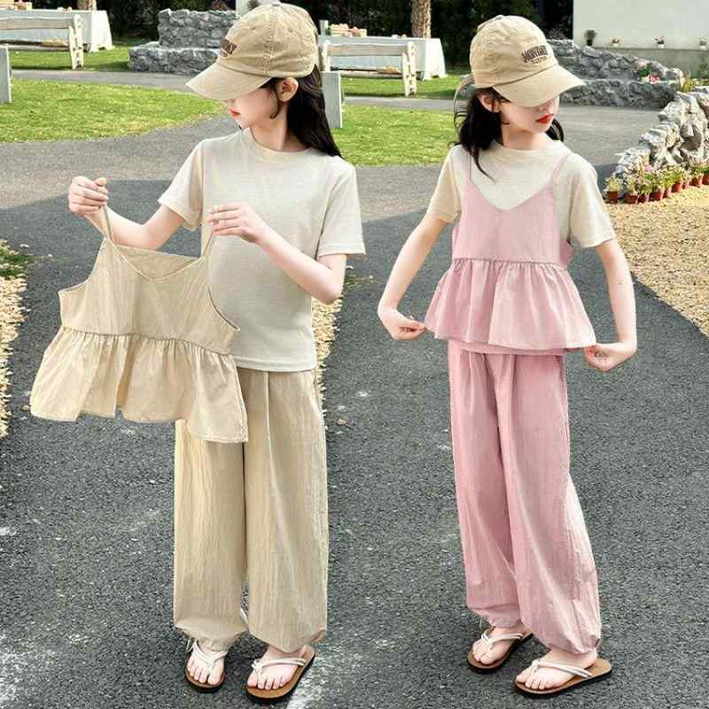 キッズ 女の子 セットアップ フェイクレイヤード 半袖 3点セット 韓国ファッション 春夏 綿 無地 薄手 ..