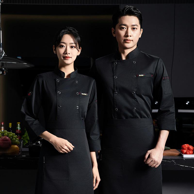 コックコート メンズ 長袖 シェフ服 厨房服 飲食店 レストラン ホテル 給食 作業服 ユニフォーム 制服 吸湿速乾 綿混 コットンブレンド 業務用 上着 オールシーズン 白 黒 赤 青