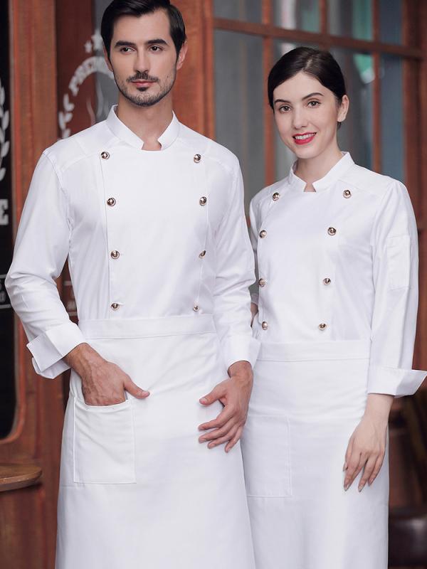 コックコート メンズ 男性用 長袖 ダブルブレスト ゴールドボタン シェフ服 料理人服 ユニフォーム 飲..