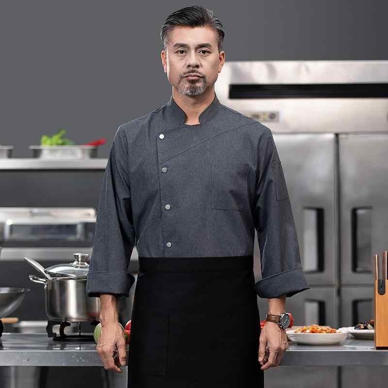 コックコート 男女兼用 長袖 春秋 厨房 レストラン 飲食店 ホテル 食堂 カフェ パティシエ 調理服 作業着 制服 吸湿速乾 耐久性 ポリエステル混紡 ユニフォーム ホワイト グレー ブラック