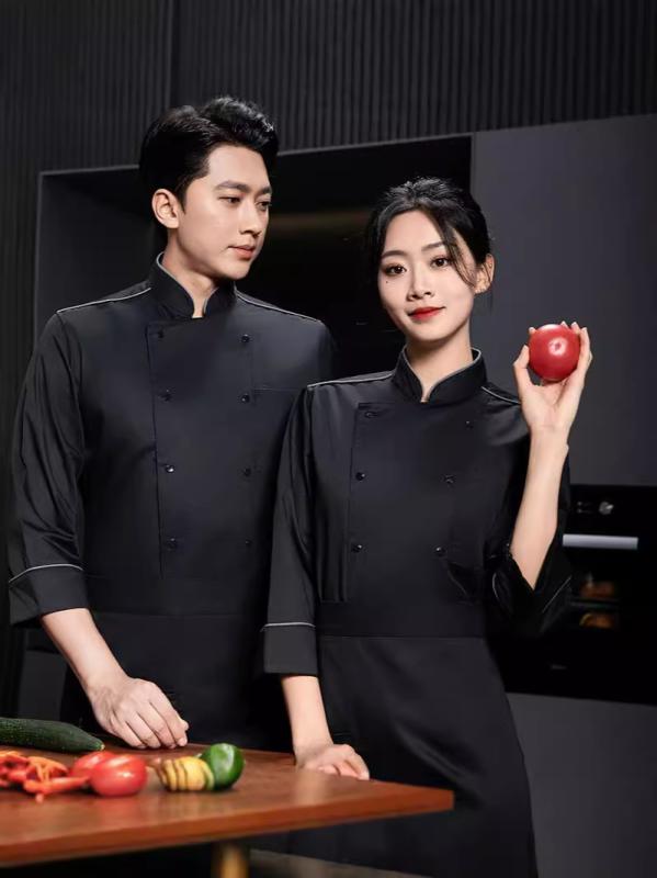 シェフ服 メンズ 男性用 長袖 調理服 コックコート 飲食店 厨房 レストラン キッチン 作業着 ユニフォーム ワークウェア 綿 コットン 通気性 吸湿速乾 春秋 白 黒