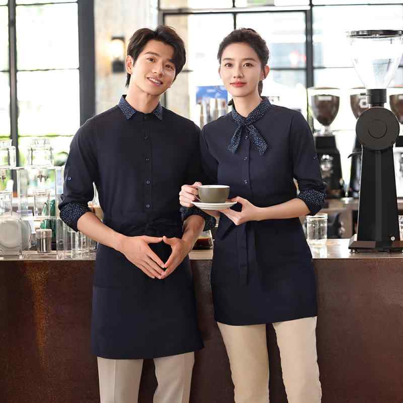 ユニフォーム シャツ 男女兼用 長袖 秋冬春 飲食店 ホールスタッフ 接客 サービス員 従業員 レストラン カフェ 居酒屋 制服 綿混 襟付き 紺
