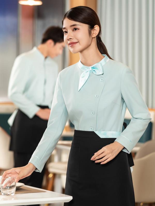 制服 男女兼用 サービス業 従業員 ユニフォーム ホテル 飲食店 茶楼 火鍋店 宴会場 フロント 受付 長袖 立襟 シャツ 高級感 吸湿速乾 ポリエステル 秋冬