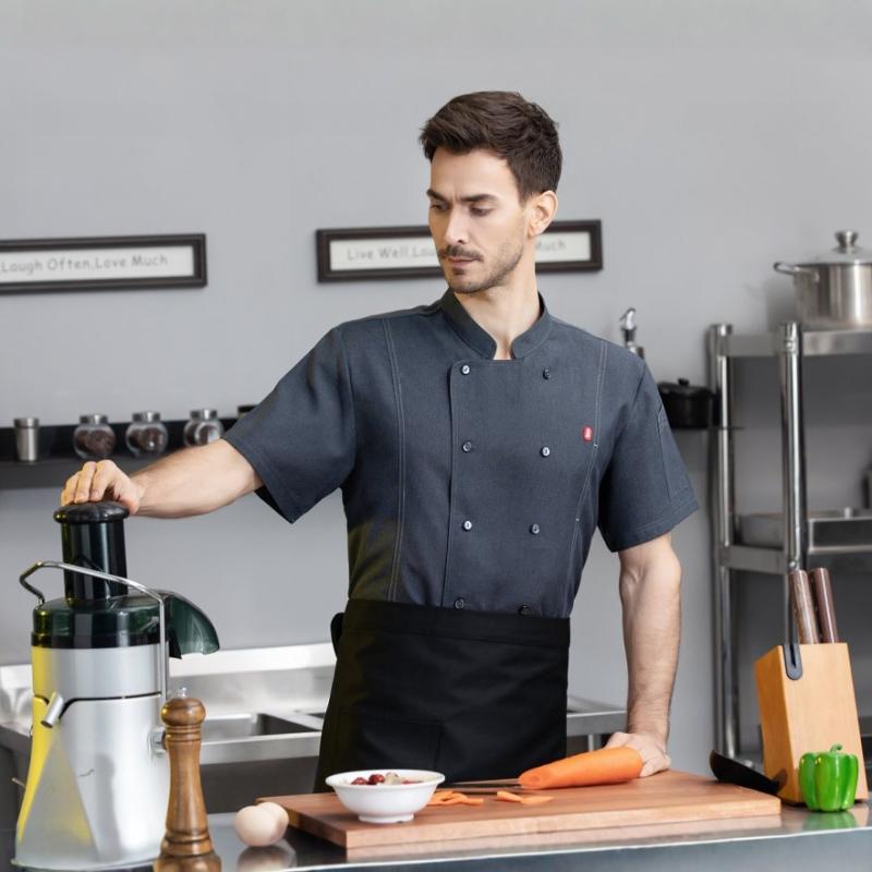 コックコート メンズ 男性用 春夏 軽量 薄手 吸汗速乾 通気性 綿混 レストラン 厨房 ベーカリー 食堂 業務用 作業着 制服 シェフ服 調理服 ホワイト ブラック グレー