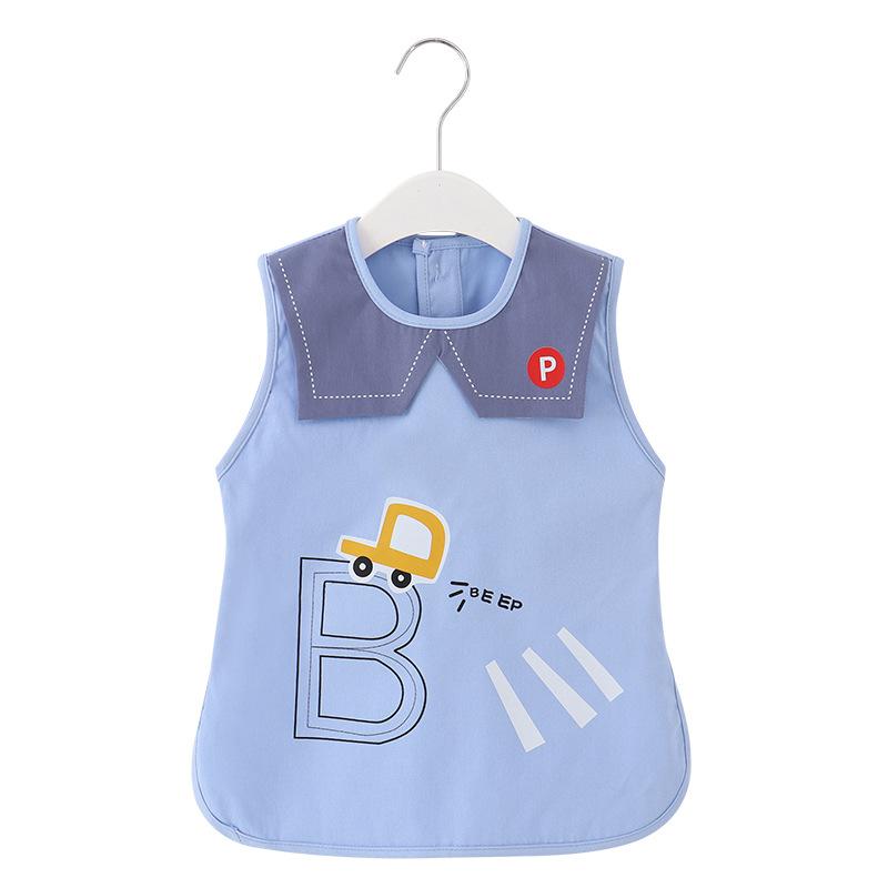 お食事エプロン ベビー 男の子用 スモック 赤ちゃん 離乳食 食事用 ベストタイプ 袖なし 防水 撥水 軽量 薄手 速乾 通気性 蒸れにくい カートゥーン 乗り物 車柄 ポリエステル 保育園 幼稚園 春夏