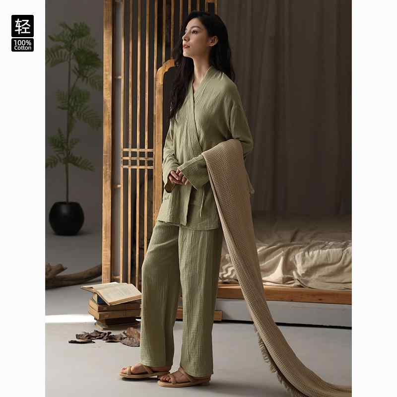 ルームウェア レディース 女性用 チャイナ風 漢服 パジャマ 二重ガーゼ 綿 コットン 長袖 長ズボン Vネ..