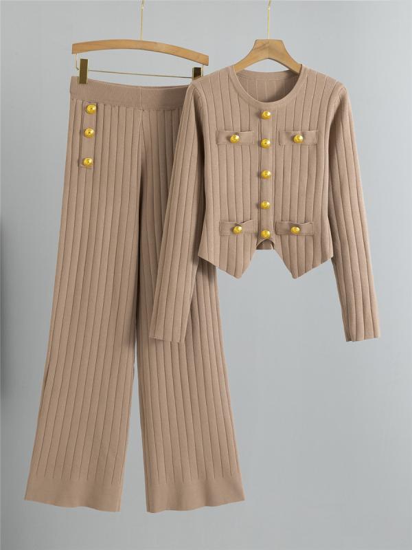 ニットセットアップ レディース 秋冬 上品 クロップド丈 スリムフィット 長袖 セーター レーヨン混紡 パンツ 2点セット 通勤 オフィス デイリー