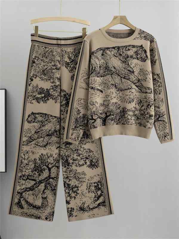 ニット レディース 虎柄 プリント 抽象柄 セーター トップス 長袖 ゆったり ルーズ ワイドパンツ ガウチョパンツ セットアップ ツーピース 秋冬 きれいめ 通勤 毛混紡 ビスコース繊維 ポリエステル パープル